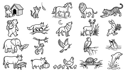 Fototapeta premium Animal Illustrations Set with Dog, Cat, Horse, Lion, Tiger, Elephant, Cow, Bird