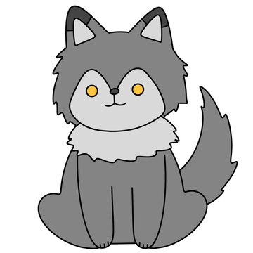 Cute cartoon fox sits calmly with soft gray fur