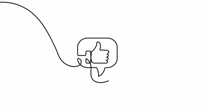Thumbs-up chat bubble line art continuously draws a minimal speech-bubble thumbs-up icon. Seamless loop 4K animation.
