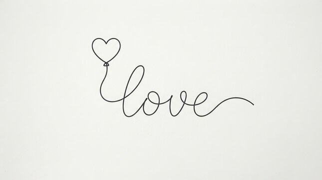 Minimalist continuous line script text reading love with a small heart balloon on a white background