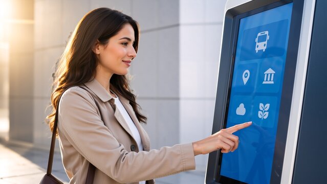 A young woman in a beige coat interacts with a blue touchscreen kiosk outdoors, navigating digital icons in a modern urban environment during daytime.. Digital public services