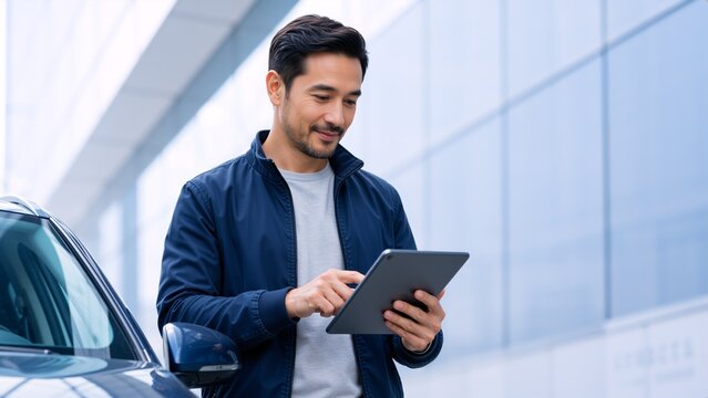 A man stands outdoors beside a car while using a tablet in a modern urban environment, dressed casually in a jacket and t-shirt.. Digital public services