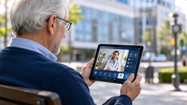An elderly man is sitting on a bench outside while consulting a female doctor through a video call on his tablet, demonstrating telemedicine in an urban setting.. Digital public services