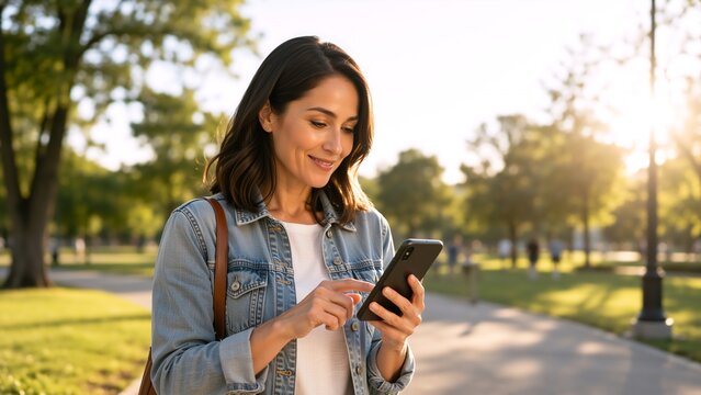A woman in a denim jacket smiles while using her smartphone on a sunny day in a green park with trees and a paved walkway.. Digital public services