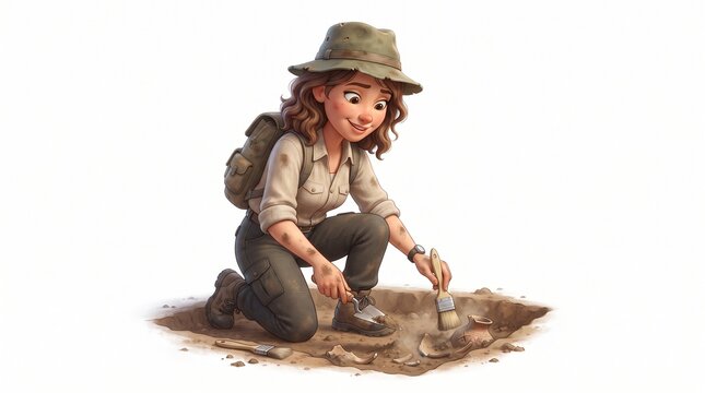 A female archaeologist carefully excavating ancient artifacts from a dig site. She is wearing a hat and backpack, and is kneeling on the ground with tools in hand
