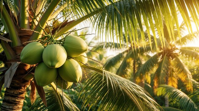 Green coconuts grow on tropical palm tree in rich garden. Sunlight shines through large fronds in summer heat. Organic fruit hangs from branch in exotic paradise. Fresh coconut food grows in sunny