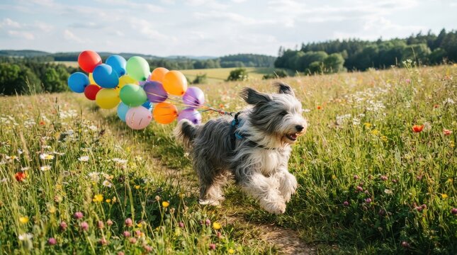 A happy bearded collie dog running through a wild flower meadow with colorful helium balloons behind