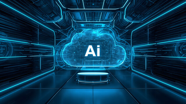 Cloud and edge computing technology data transfer concept. A large cloud icon is in the center, Ai Brain Cloud Big data, network, Science and futuristic ai cloud background concept.