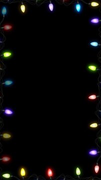 Colorful Christmas String Lights Blinking Border Frame Isolated Alpha Channel Loop Animation ,New Year and Holiday and Birthday Videos Overlay Motion design element