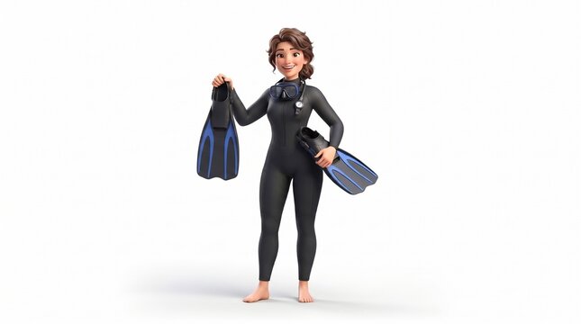 A woman wearing a black wetsuit and holding fins, ready for a scuba diving adventure