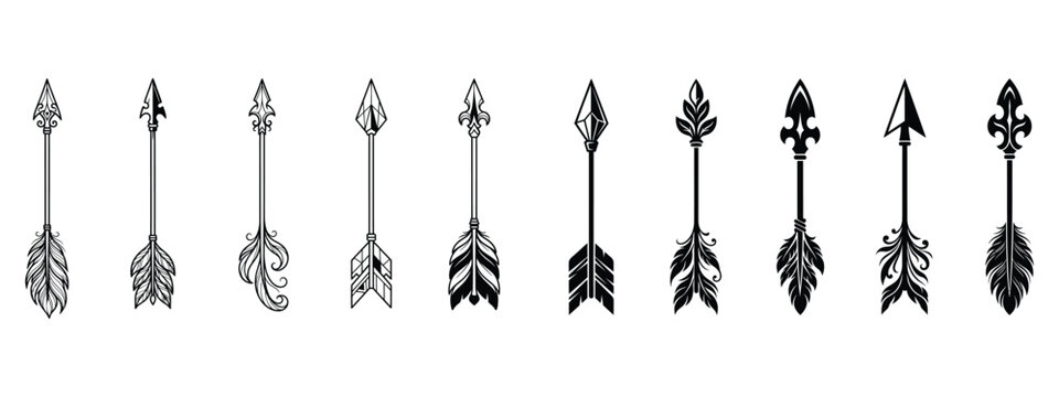Tribal arrow silhouette collection set, ethnic bow weapon icons for bohemian and rustic design styles vector