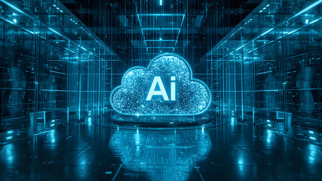 Cloud and edge computing technology data transfer concept. A large cloud icon is in the center, Ai Brain Cloud Big data, network, Science and futuristic ai cloud background concept.