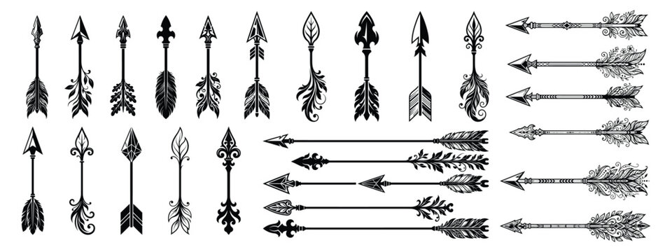 Tribal arrow silhouette collection set, ethnic bow weapon icons for bohemian and rustic design styles vector