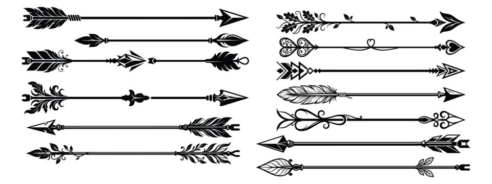 Tribal arrow silhouette collection set, ethnic bow weapon icons for bohemian and rustic design styles vector