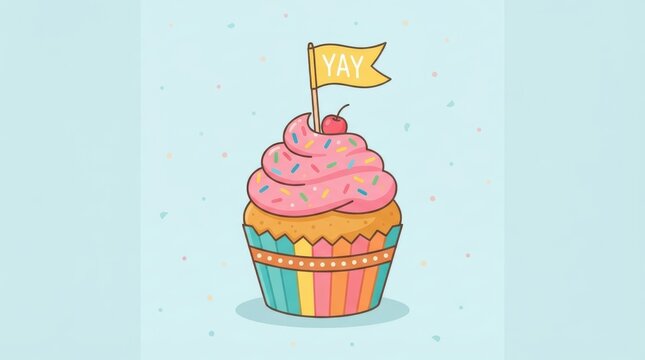 A colorful cupcake with pink frosting, sprinkles, a cherry on top and a small yellow celebration fla