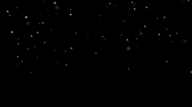 Snow particles drift over black digital overlay with steady scattered motion. White specks and small flakes move across empty space, creating simple winter styled background for titles or effects.