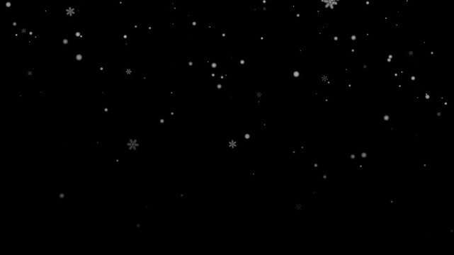 Snow particles drift over black backdrop in winter overlay. Snow effect creates calm, minimalist seasonal look with floating flakes, useful for holiday themes, transitions, and festive design