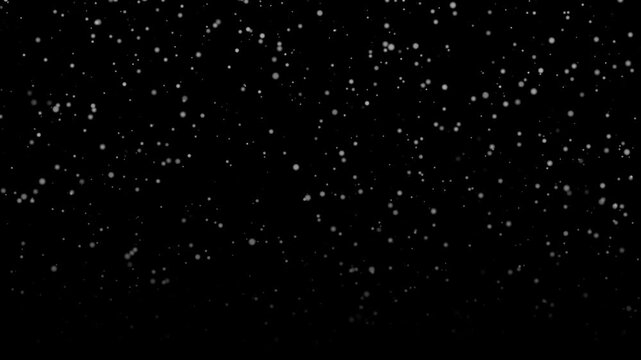 Snow particles drift over black screen in steady white scatter. Winter overlay gives simple seasonal effect, and snow field moves evenly across dark background with quiet, sparse motion.