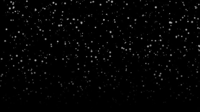 Snow particle drift continues across black background with many fine specks in motion. Snow effect feels calm and minimalist, with bright flakes scattered evenly through dark space.