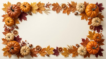 Fototapeta premium Fall seasonal frame background featuring autumn pumpkins and leaves with dried