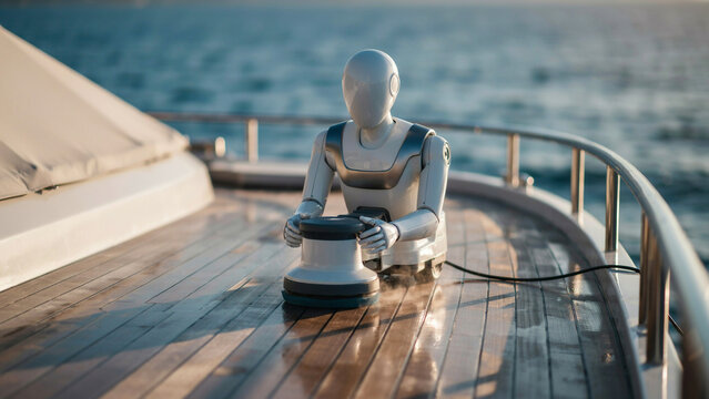 A humanoid robot using a floor buffer machine to polish the wooden deck of a luxury yacht at sea