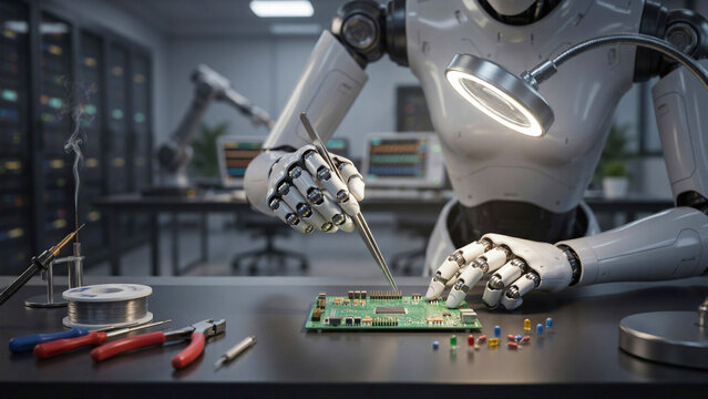 A humanoid robot using tweezers to assemble a circuit board on a desk in a server room office