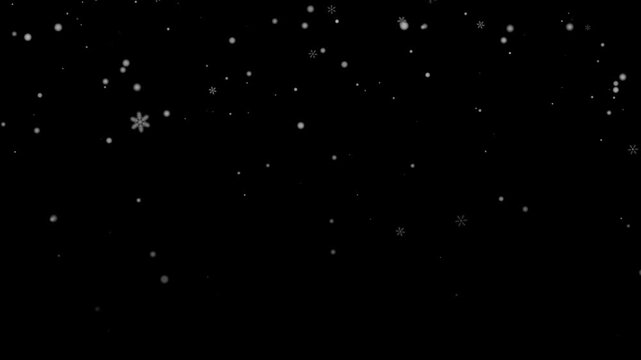Falling snow crosses black screen as bright flakes descend at varied sizes. Snow animation forms quiet seasonal texture, useful for winter themes, graphic design, and elegant background treatment.
