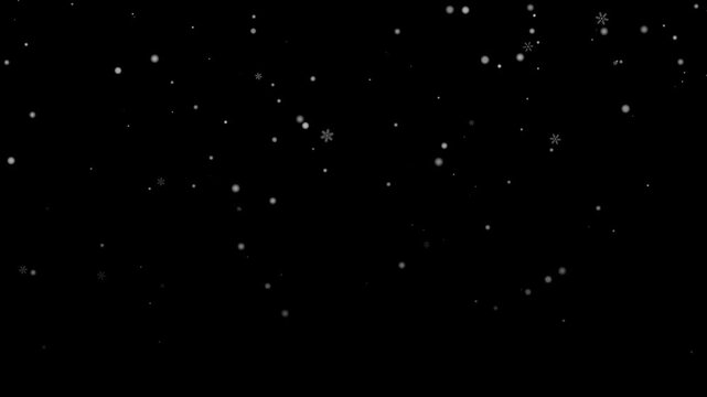 Snow particles drift across black background, forming abstract background with sparse white specks. Snow particles stay softly scattered, creating clean winter mood for title cards or overlays.