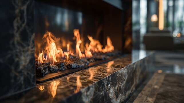 A fireplace burns wood along a long hearth in a refined interior. Bright flames reflect across the polished marble surround. Cozy winter comfort and peaceful relaxation by a warming fire.