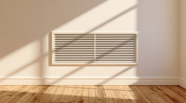 This sleek, modern white steel ventilation grille affixed to the wall in a contemporary room. It helps circulate air, removing heat and unpleasant smells, for fresher air. Meanwhile, sunlight casts sh