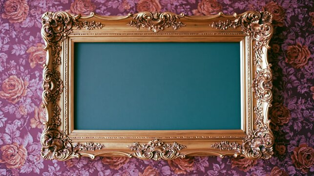 The ornate gold picture frame resting against floral purple wallpaper backdrop