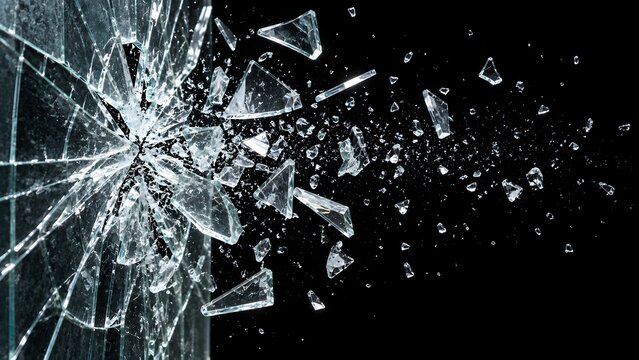 Dramatic capture of shattered glass exploding into countless sharp fragments and flying shards against a solid dark black background