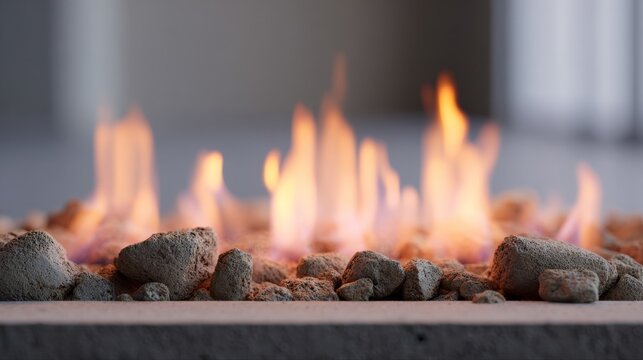 Fireplace flames rise steadily among dark lava rocks in a modern hearth. Tall tongues of fire create a bright central row beneath a shadowed surround. Cozy indoor warmth and home heating.