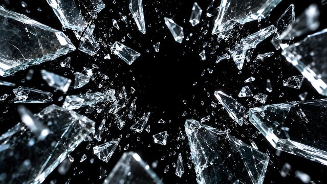 shattered glass flying toward the camera on black background, dynamic explosion effect with sharp crystal fragments in motion