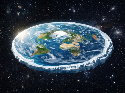 A surreal view from outer space shows a flat, disk-shaped Earth, complete with circular oceans and icy edges, floating amidst stars and a dark cosmic void, surface, light, outer space