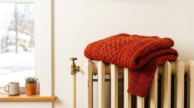 A textured wool knit sweater warms gently on an old-fashioned radiator, filling the home with comfort during a cold day, radiator heating, texture, warmth