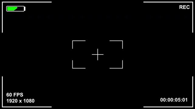 Minimal video recording interface with focus brackets, battery level, REC light, frame rate and digital time counter, delivered as high-resolution 4K footage with an alpha channel