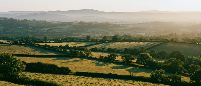Rolling countryside landscape at golden hour with fields and hedgerows under soft light