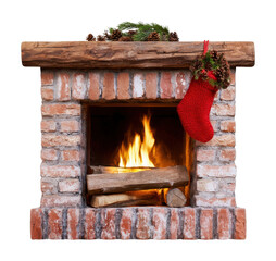 Obraz premium PNG Rustic brick fireplace with blazing fire and Christmas stocking