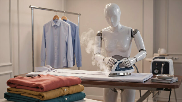 Humanoid robot ironing a white shirt with steam on an ironing board in a bright laundry room interior
