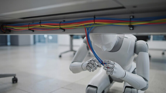 Humanoid robot kneeling under an office desk to organize and manage colorful network data cables