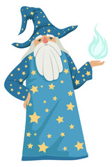 Obraz premium Sorcerer cartoon character. Magic old man in star clothes