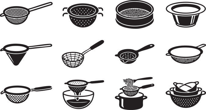 Set of kitchen strainers and colanders icons for cooking and food preparation