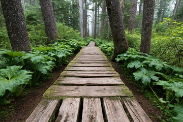 Fototapeta premium The Wooden Boardwalk Through a Quiet Misty Forest to a Distant Clearing