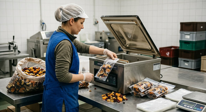 Female worker using vacuum sealer machine to pack dried fruit and nuts at food production factory. Concept of food packaging.