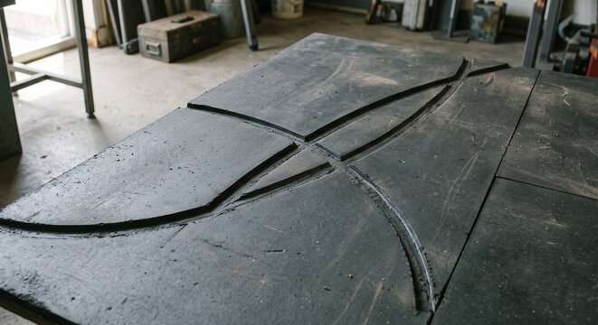 High angle view of thick black rubber mat with curved cutouts and scored intersecting grooves in industrial workshop. Concept of carved, texture, manufacturing, intersecting lines. Copy space.