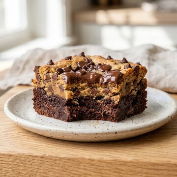 Freshly baked brookie sliced to reveal the enticing layers of dense chocolate brownie and chewy chocolate chip cookie, topped with melted chips, layers, brookie, gooey