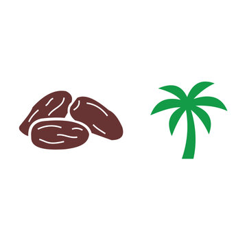 Fresh brown dried date fruits next to a small green palm tree icon on a simple illustration for food and nature design projects