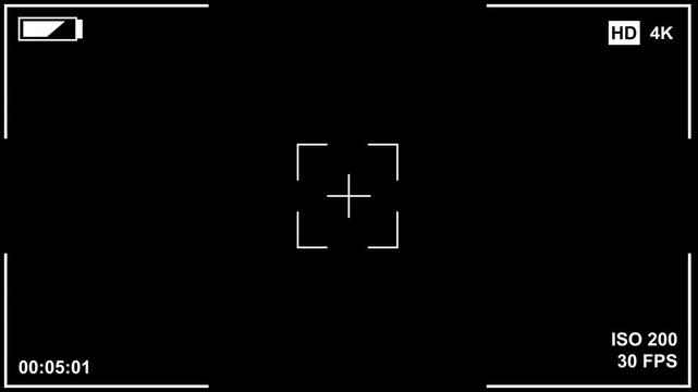 Professional camera recording viewfinder with focus frame, REC indicator, battery status, ISO, FPS and digital timer, rendered in 4K with a transparent alpha background