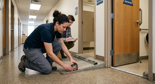 Inspectors measuring ramp slope and doorway clearance for accessibility compliance assessment in public restroom corridor. Concept of ada compliance, building inspector, slope measurement.